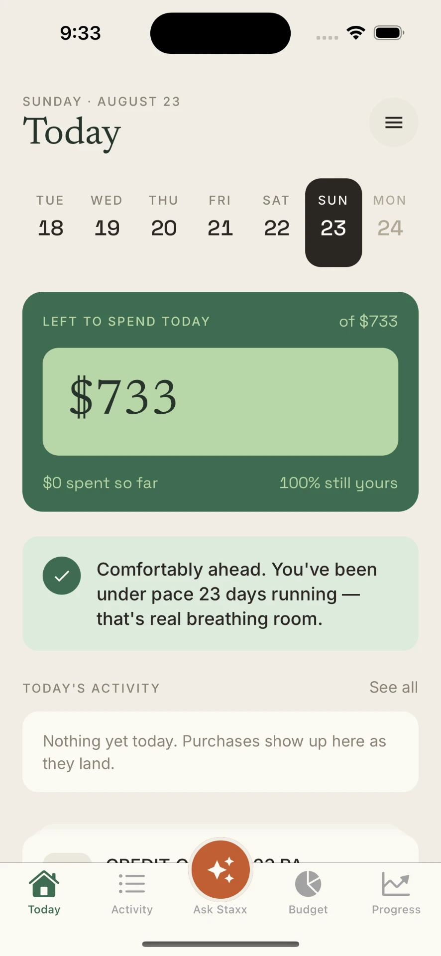 The Staxx Today screen showing $733 left to spend today inside a green card, with the week's dates above and today's activity below.