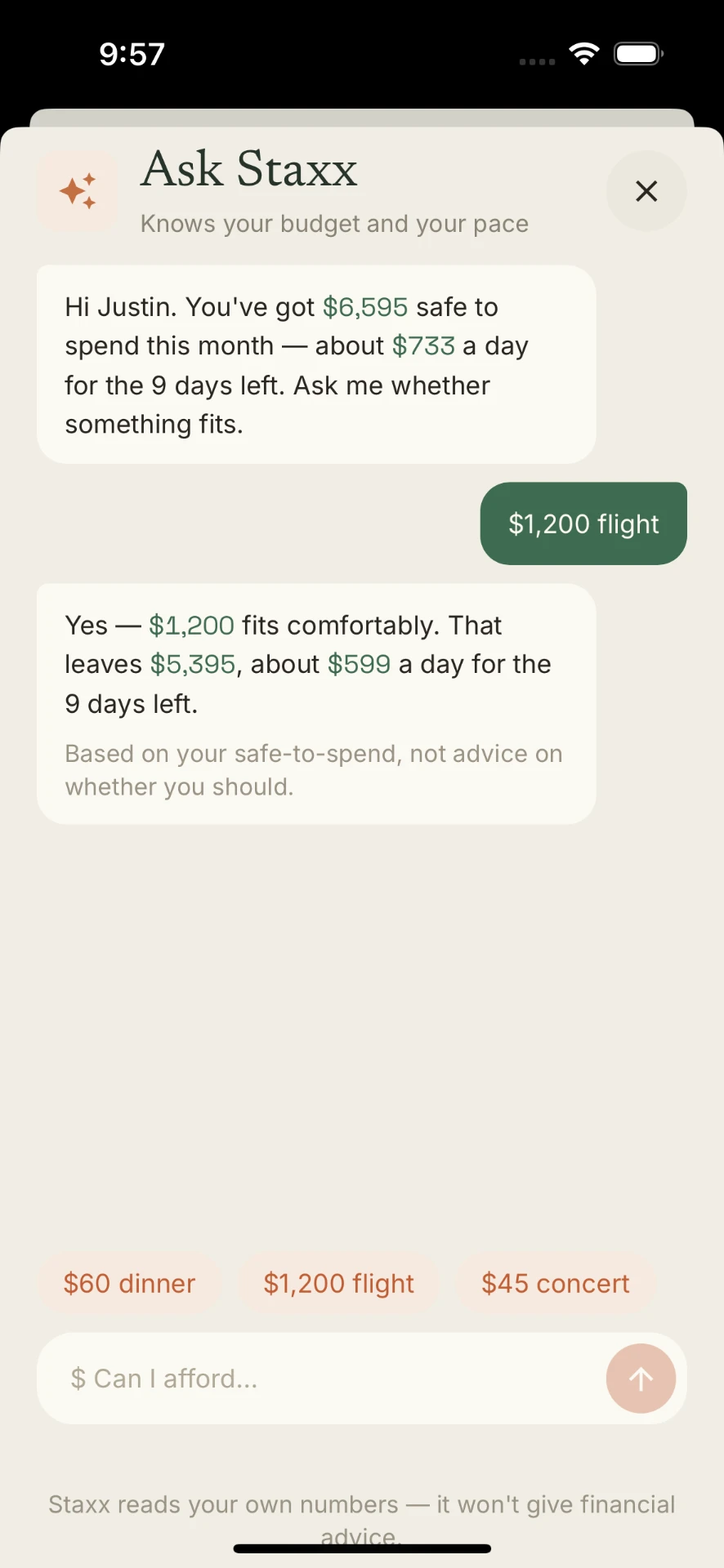 The Ask Staxx sheet answering a $1,200 flight question: it fits, leaving $5,395, about $599 a day for the nine days left.