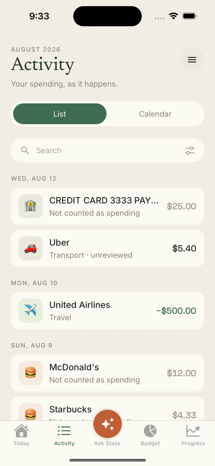 The Staxx Activity screen listing bank transactions by day — Uber, United Airlines, McDonald's — each already categorized.